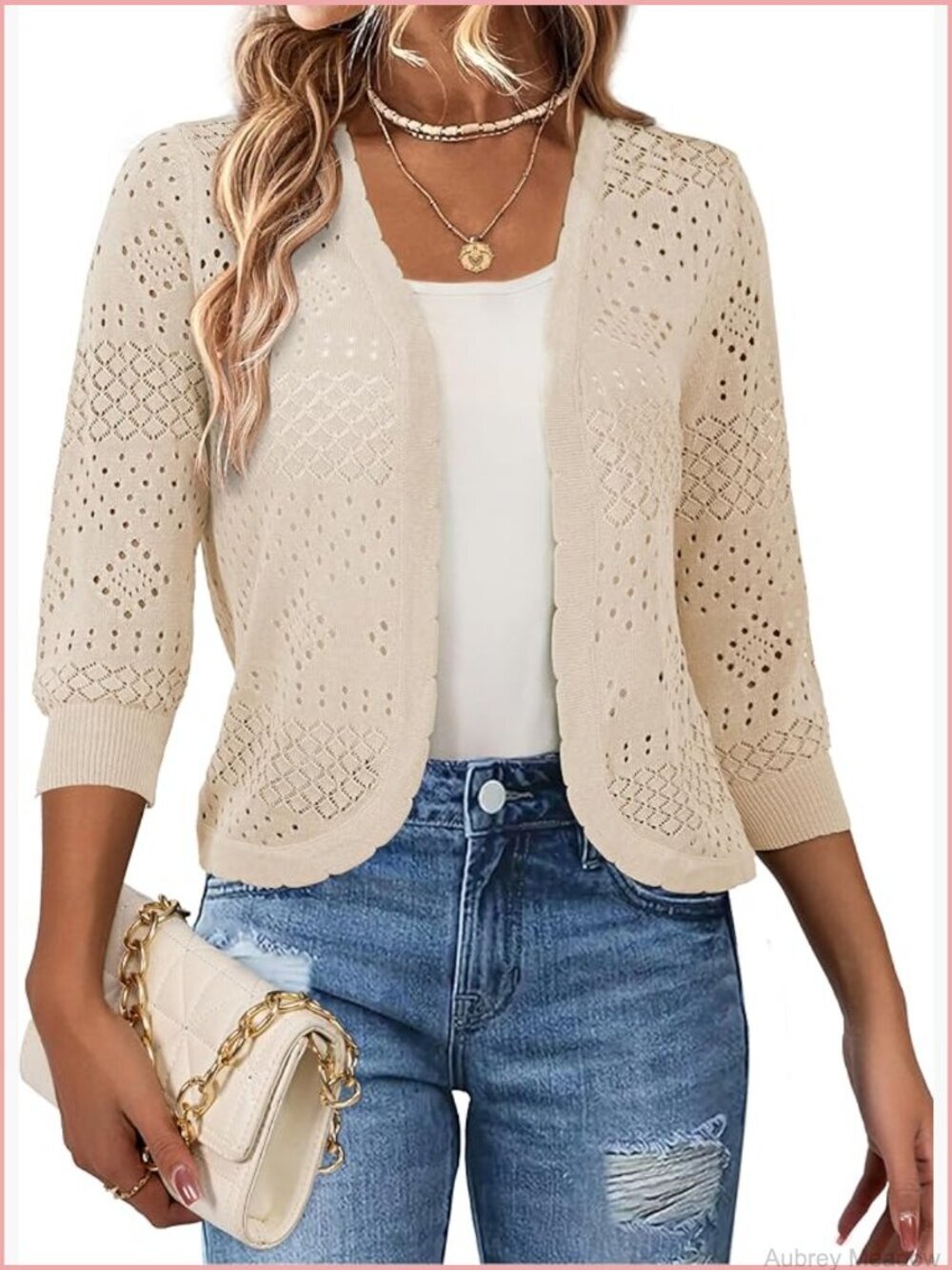 3/4 Sleeve Cropped Cardigan Open Front Hollow Lightweight Sweater Shrug